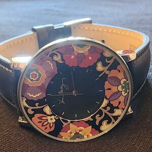Vera Bradley Floral Patterned Watch with Black Leather Strap